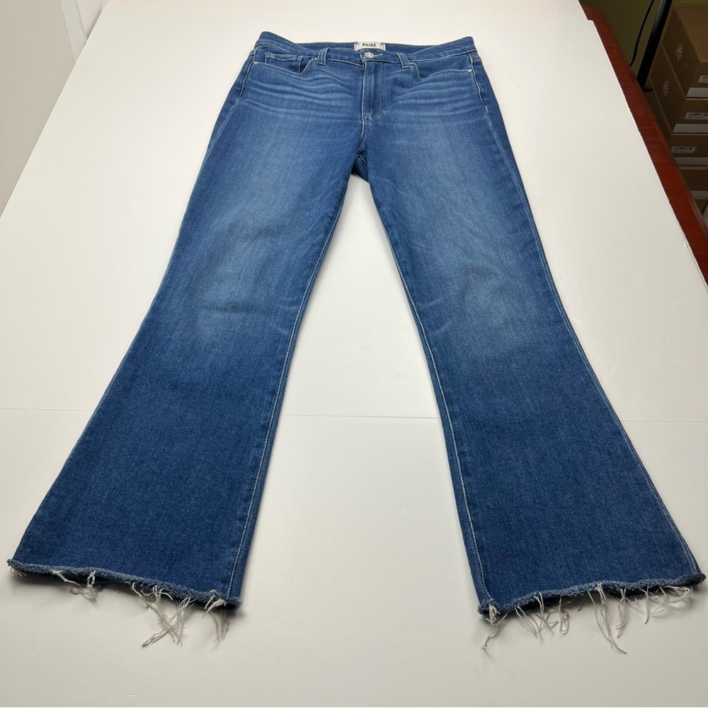 PAIGE Claudine Stardom Blue Denim High Waist Frayed Hem Flare Jeans Size 29